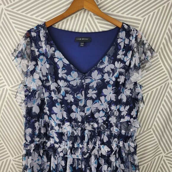 Lane Bryant Plus Size 18/20 2X Shirt Dress Floral Navy Ruffle Tiered Skirt Long - Picture 3 of 8